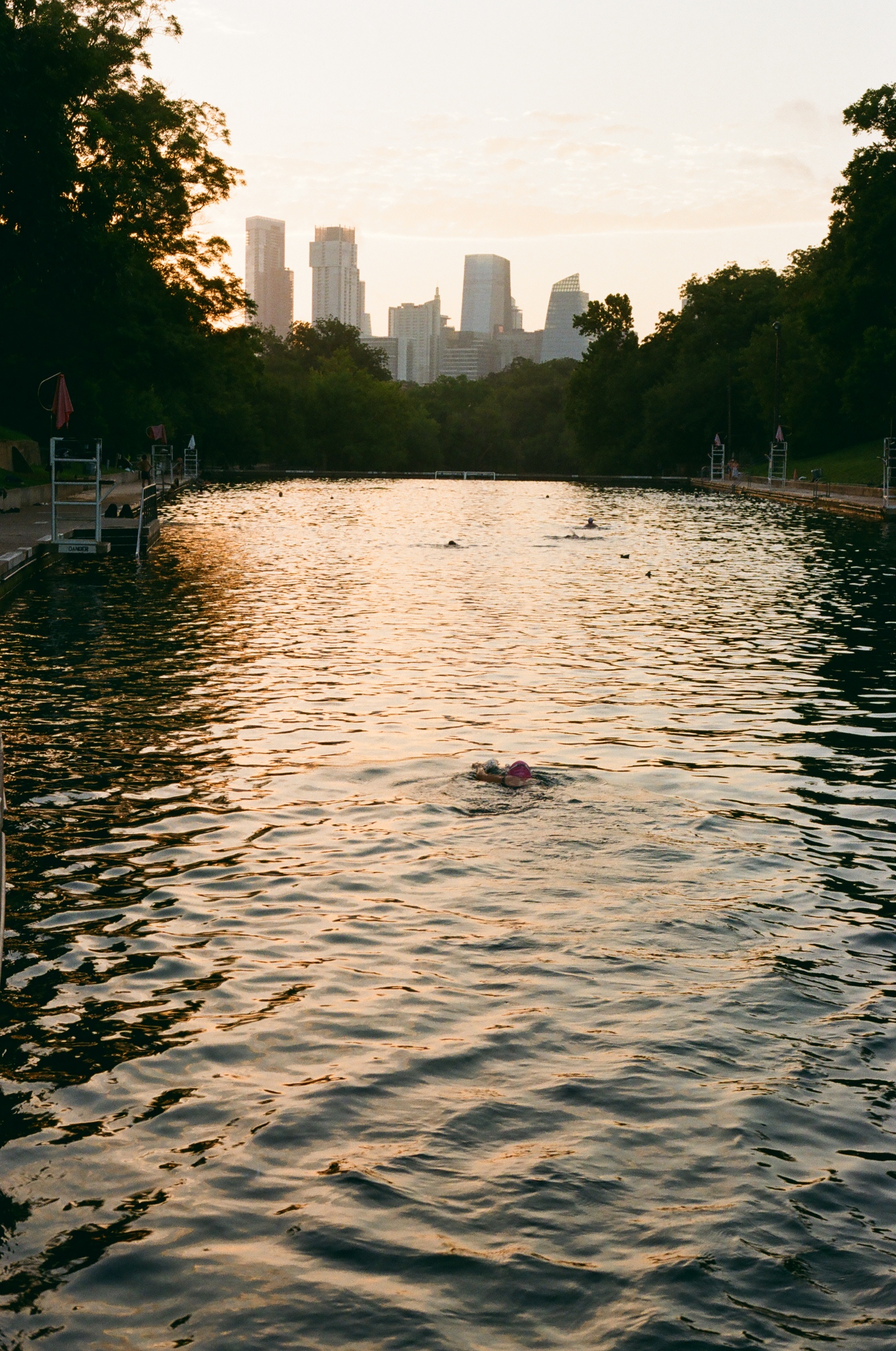 Barton Springs in early morning light, a swimmer and the Austin skyline